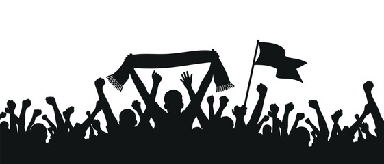 Fototapeta na wymiar Black silhouette of a crowd of football fans cheering with a flag and scarf—an isolated design element, vector illustration.