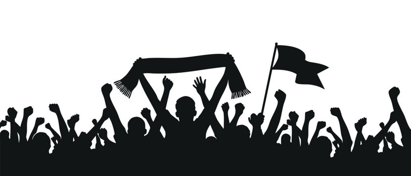 Black silhouette of a crowd of football fans cheering with a flag and scarf&mdash;an isolated design element, vector illustration.