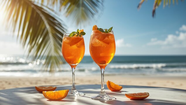 A table with an orange wedge and two aperol spritz drinks, summer getaway.