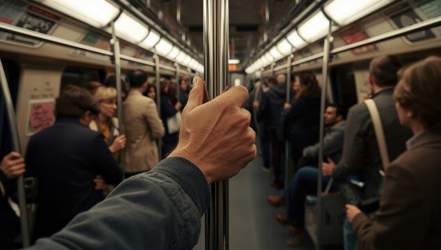 A tight shot of a person gripping the handle on the train.