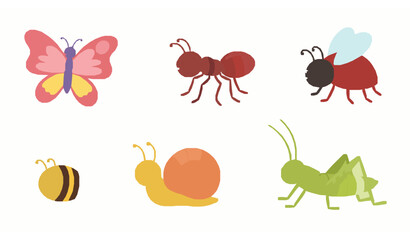 Kawaii cartoon insect collection vector set with butterfly ant ladybug bee snail grasshopper isolated white © SobujChandra