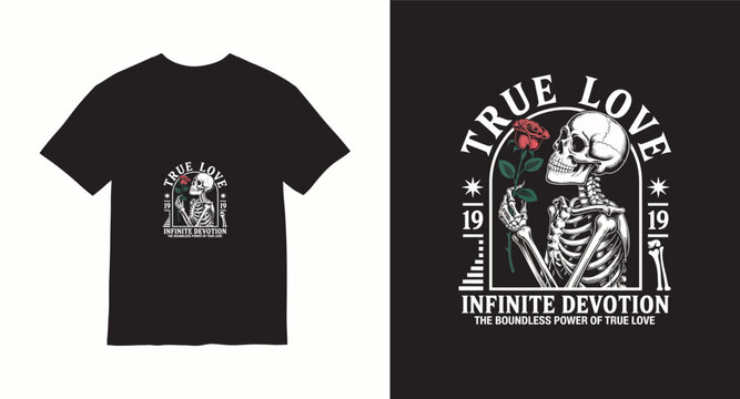 True love infinite devotion skeleton holding a red rose vintage tattoo style t-shirt design