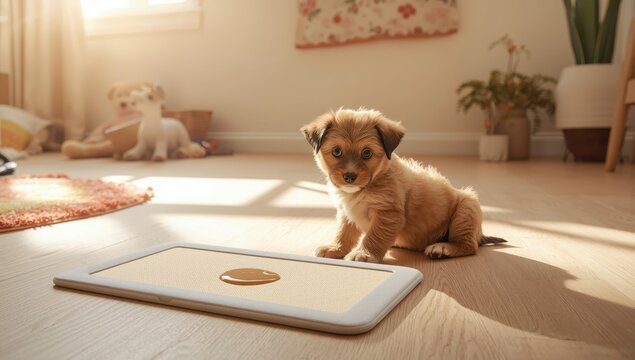 Adorable dog by damp area on the floor.