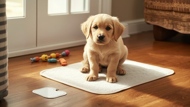 Adorable dog beside soaked floor mat.