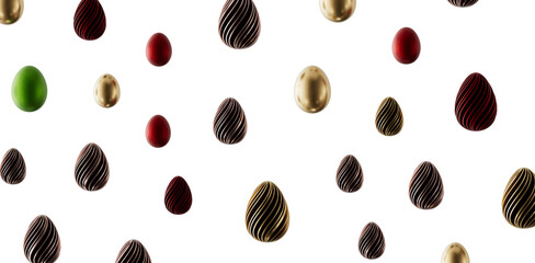 Easter egg pattern with various designs and colors on white. Perfect for holidays and celebrations. Festive and modern.