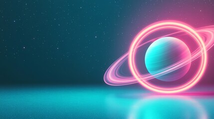 Obraz premium Off-center composition of a banded tealpink planet with glowing neon pink rings, reflected on a vibrant teal surface under a starry sky. Retro-futuristic cosmic art. Sci-fi, Synthwave