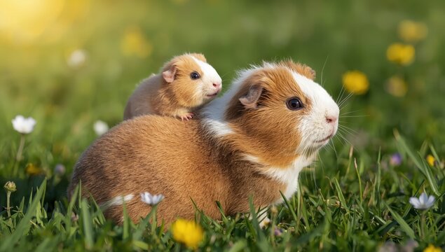 Baby guinea pig resting on mother's back outside in summer.
