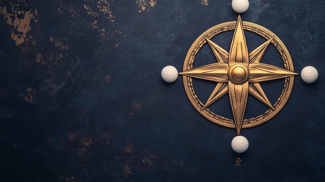 Opulent Golden Compass Rose on dark, textured canvas, flanked by four white ovoid markers. A concept of direction, pathfinding and journey. exploration, mystery