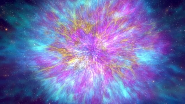 Slow zoom tracking shot into colorful nebula expanding and swirling in outer space deep cosmos visualization