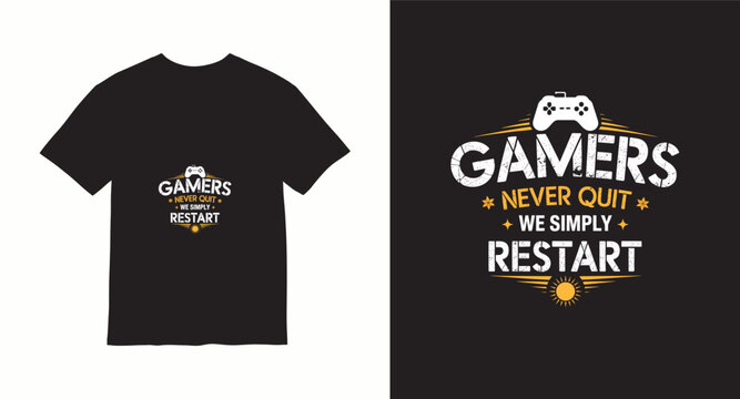Gamers never quit we simply restart controller vintage sun typography design