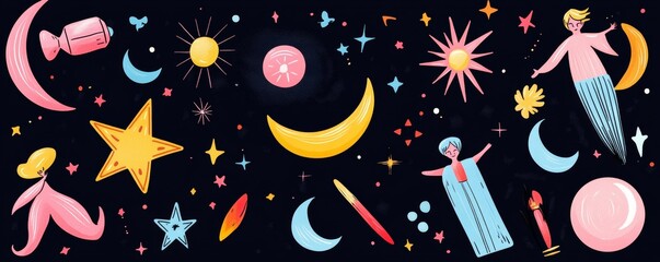 Fototapeta premium Pastel Cosmic Play Stylized cartoon figures, floating stars, moons and planets against a dark sky. Whimsical space exploration, dreamlike. space, fantasy