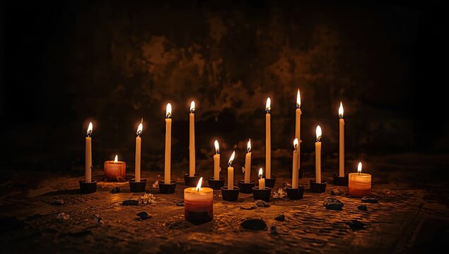 Candles lit on a dark surface. Remembrance day.