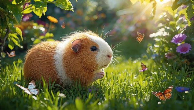 Cavia porcellus munching on lawn in the garden.