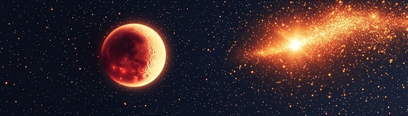 Fototapeta premium Radiant Red Moon with craters, illuminated against a deep starfield, faces a spectacular golden cosmic burst. A panoramic view of celestial grandeur and energy. Universe, Astro Art