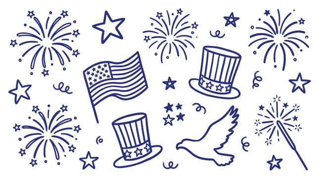 Hand drawn patriotic american symbols including fireworks uncle sam hats and eagle for independence day celebration