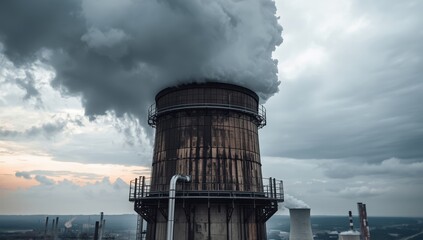 Obraz premium Close-up aerial view of power plant chimney.