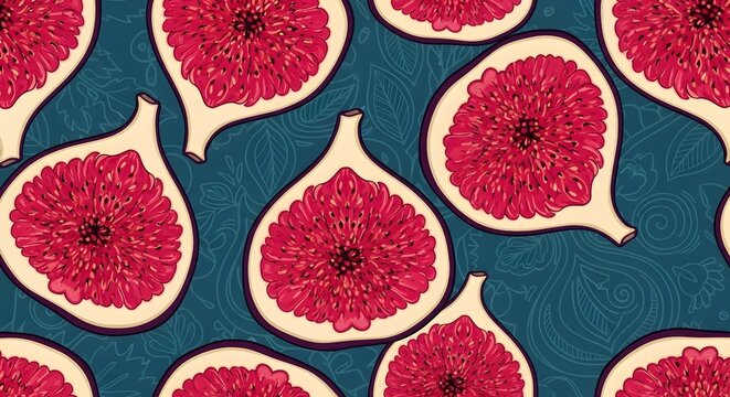 Pattern of sliced figs with seeds arranged on a blue background with paisley motifs