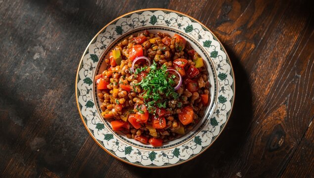 Close-up of Ethiopian vegan lentil salad, Azifa, on a plate. Horizontal overhead view.