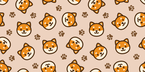 かわいい柴犬と犬の足跡のシームレス背景画像。（Seamless background image of cute Shiba Inu and dog footprints.）  © ochikosan
