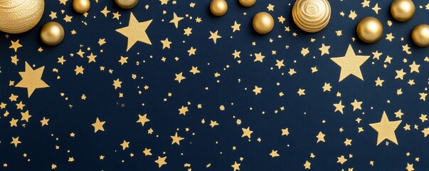 Fototapeta premium Top-down shot of golden festive ornaments and scattered stars on a textured dark blue backdrop, evoking an elegant Christmas night celebration. Holiday, Luxury