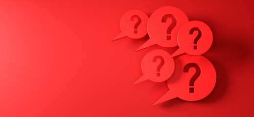 Question mark speech bubbles in front of a red wall with copy space to the right - 3D illustration