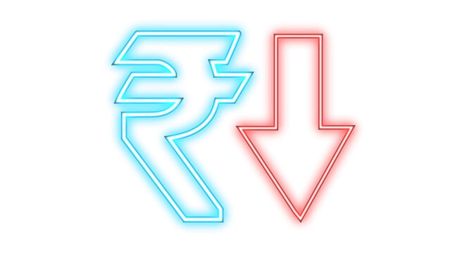 Neon Indian Rupee Symbol with Red Downward Arrow on Alpha Transparent Background