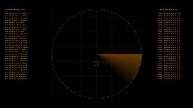 Radar interface with digital ip address tracking and military sensor scanning data on dark background