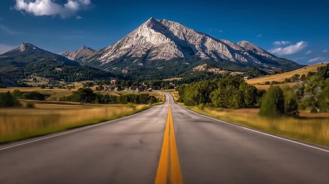 Road leading to mountain range under blue sky and white clouds