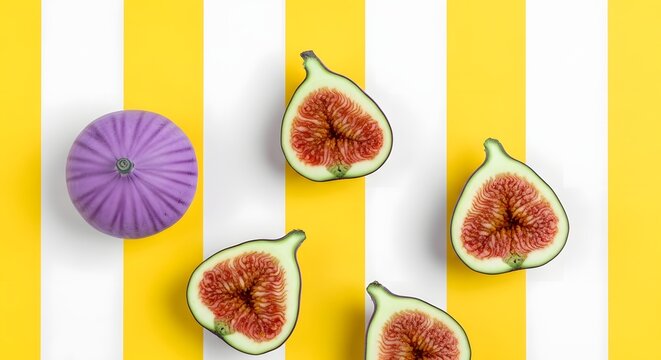 Whole purple fig and cut figs arranged on a striped yellow and white background