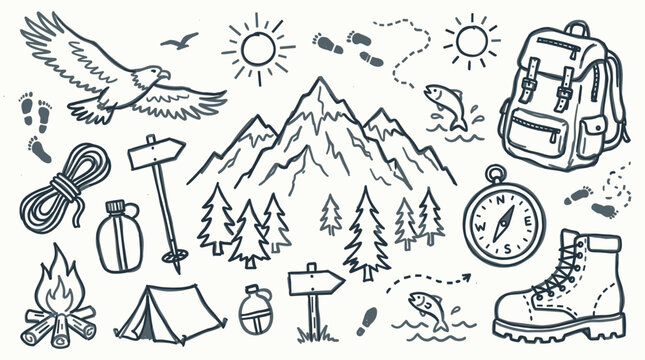 Hand drawn illustration of camping and hiking adventure elements including mountains, eagle, backpack, compass, tent, campfire, boots, and trees on a white background.