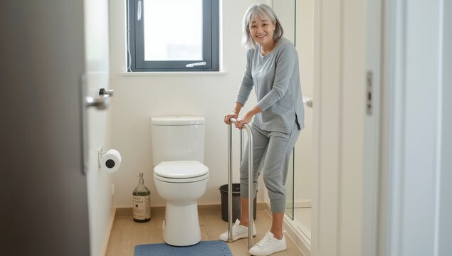 Elderly Asian woman utilizes bathroom handle for safety, health, and strength.