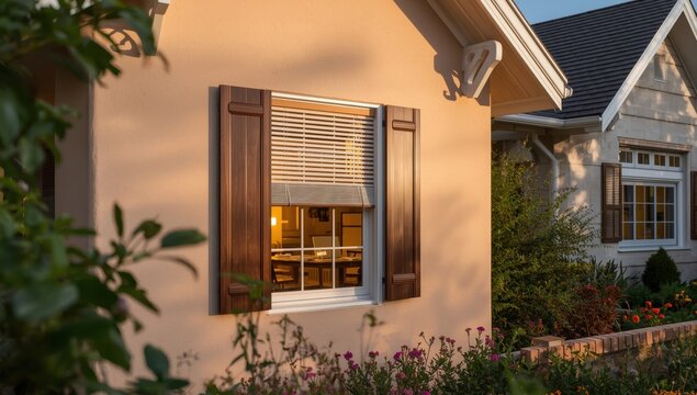 Exterior view of a window with a Venetian blind.