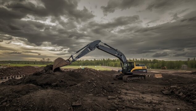 Excavator with extended arm shifting dirt using a broad bucket under a cloudy sky.