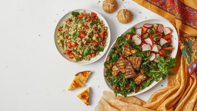Fattouch and tabbouleh, traditional Lebanese salads, on a white background.