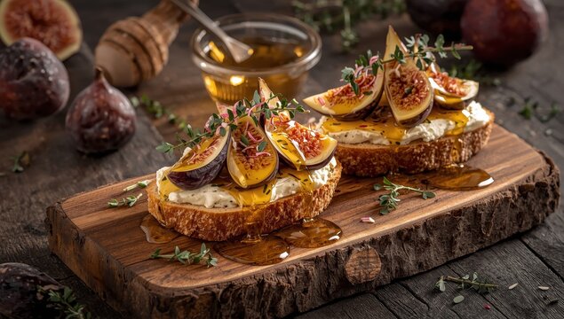 Fig and Dorblu cheese bruschetta drizzled with honey and thyme.