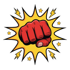 Cartoon illustration of a red fist with comic book explosion effects © seller