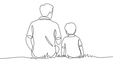 A continuous line drawing depicts a father and son seated together
