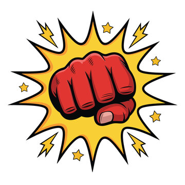 Cartoon illustration of a red fist with comic book explosion effects