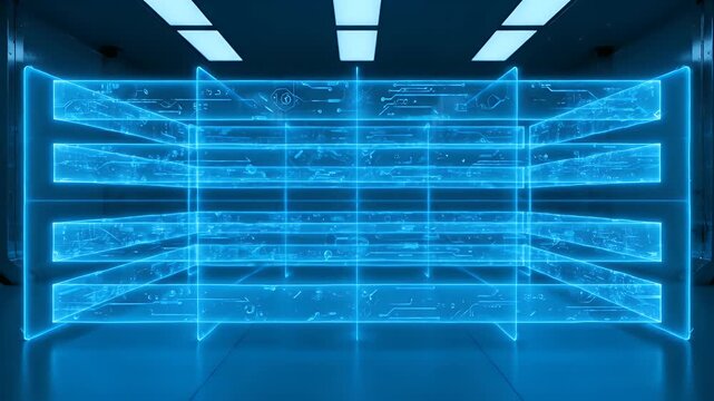 A futuristic, neon-lit room with a glowing, rectangular structure. Interior features a blue glow