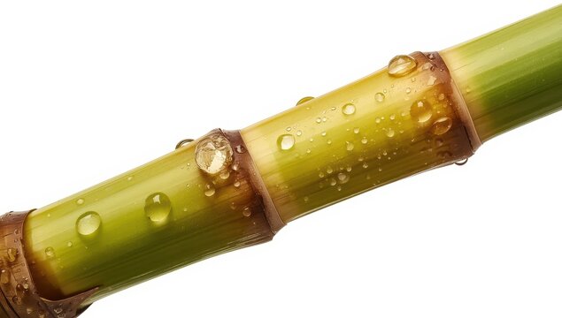 Fresh sugar cane stem with moisture on a white backdrop. Clipping path.