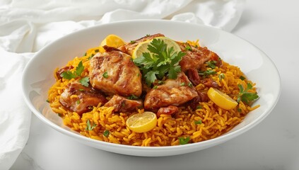 Fototapeta premium Genuine Fish Biryani on a white plate against a light backdrop, focused view.
