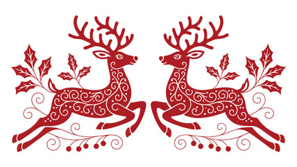 Two red reindeer silhouettes with holly leaves on a white background © seller