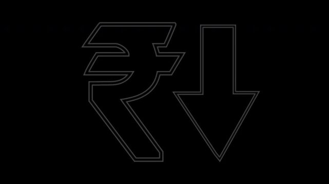 Neon Rupee Symbol and Downward Arrow with Alpha Transparency 4K Animated 
