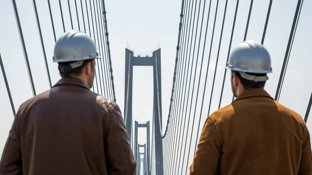Two male civil engineers in hard hats conducting a structural bridge inspection on a large suspension bridge