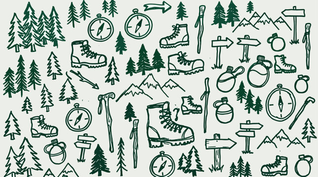 Hand drawn doodle seamless pattern of hiking and camping equipment including boots compasses trees mountains and signs for outdoor adventure and travel