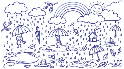 Fototapeta premium Charming doodle illustration of a rainy day with a rainbow, children playing with umbrellas, and a happy sun peeking through clouds