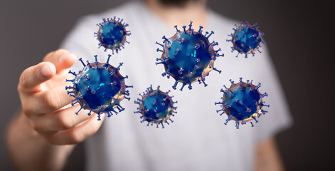 Abstract image representing a conceptual overview of viruses. A person touching, holding, or...