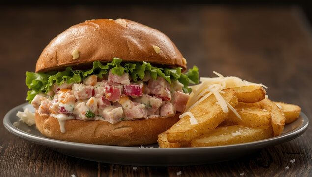 Ham salad on ciabatta with lettuce, accompanied by potato wedges and cheese.