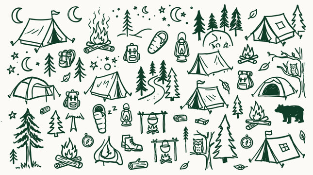 Hand drawn camping elements seamless pattern with tents, campfire, trees, sleeping bags, lanterns, backpacks and bear illustration