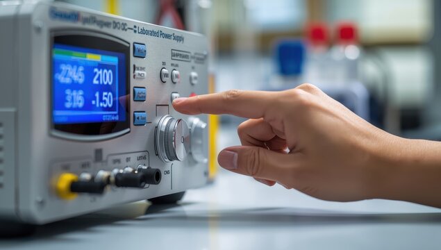 Hand fine-tuning the voltage or current dial on a digital lab DC power supply.